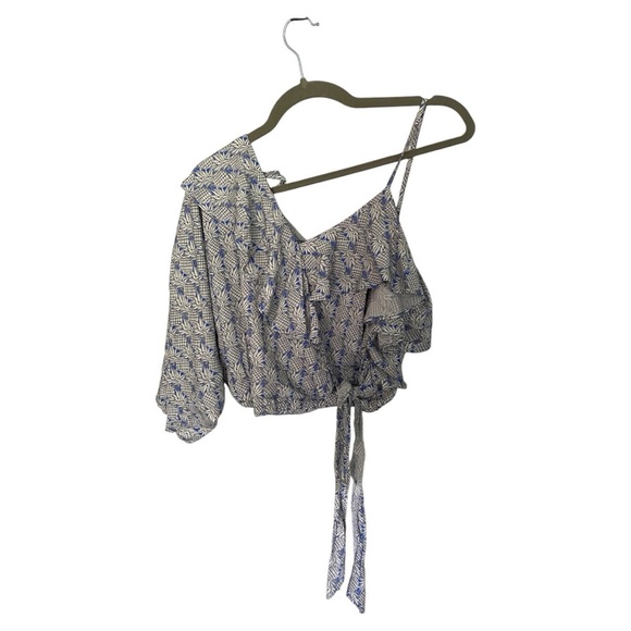 Maeve Anthropology Blue Pineapple Ruffled Flutter Sleeve Blouse - Picture 2 of 8